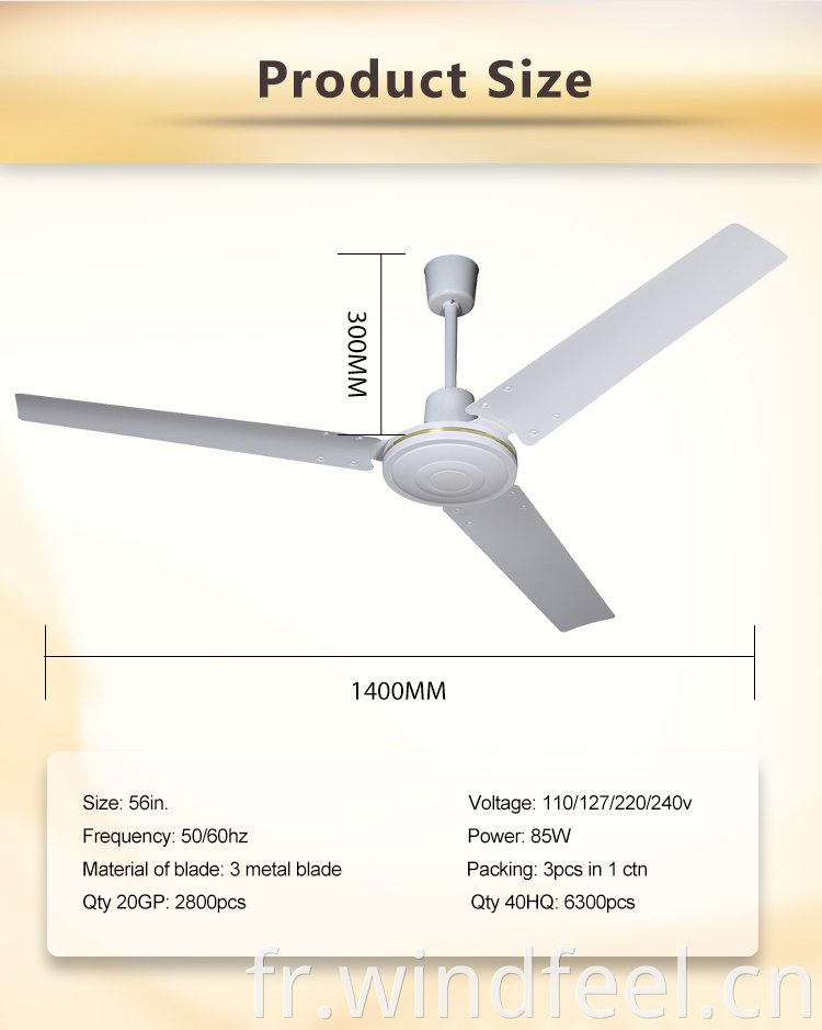 Afrique de l'Ouest Ventilateur de plafond de 56 pouces avec 3 lame en métal 48 "Fan Ventilador Ventilador America du Sud